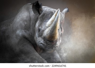 a charging rhino in a cloud of smoke