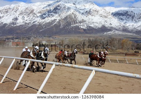 Similar – Image, Stock Photo Horse racing with carriage in the fog on the beach