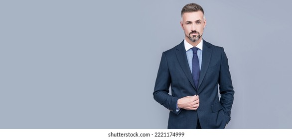 Charismatic Businessman Man In Businesslike Suit, Charisma. Man Face Portrait, Banner With Copy Space.