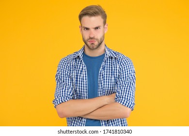 Charismatic Fashion Model. Handsome Unshaven Man. Man Wear Checkered Shirt. Male Beauty And Fashion. Fashion For Men. What Means Confidence For Men. Good Looking Stylish Guy Stand With Crossed Arms.