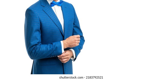 Charismatic Man Bridegroom In Blue Rich Tux Bow Isolated On White Background