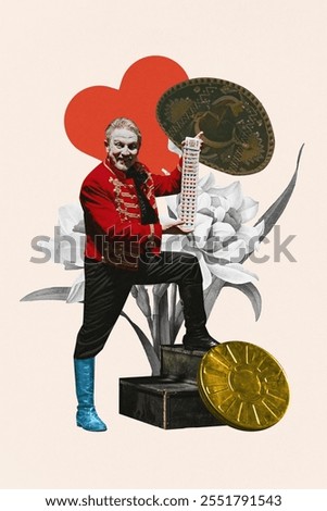 Charismatic ringmaster in red jacket presents deck of cards in an artistic retro composition, featuring floral and coin elements. Contemporary art collage. Retro circus, performance, fantasy concept