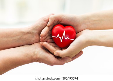 charity, health care, donation and medicine concept - man hand giving red heart with cardiogram to woman - Shutterstock ID 391493374