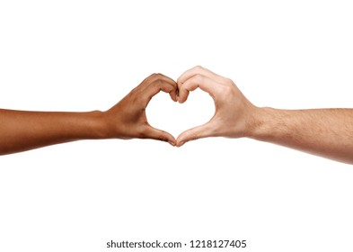 Charity, Love And Diversity Concept - Close Up Of Female And Male Hands Of Different Skin Color Making Heart Shape