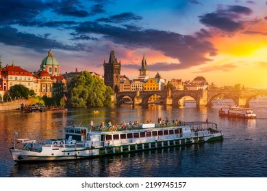 Charles Bridge in Prague in Czechia. Prague, Czech Republic. Charles Bridge (Karluv Most) and Old Town Tower. Vltava River and Charles Bridge. Concept of world travel, sightseeing and tourism. - Shutterstock ID 2199745157