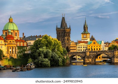 Charles Bridge in Prague in Czechia. Prague, Czech Republic. Charles Bridge (Karluv Most) and Old Town Tower. Vltava River and Charles Bridge. Concept of world travel, sightseeing and tourism. - Powered by Shutterstock