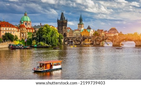 Charles Bridge sunset view of the Old Town pier architecture, Charles Bridge over Vltava river in Prague, Czechia. Old Town of Prague with Charles Bridge, Prague, Czech Republic.