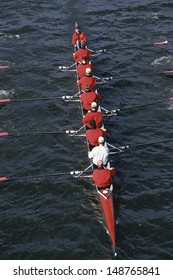 CHARLES RIVER, BOSTON, MA  - CIRCA 1990's: Crew Team Rowing Boat On Charles River In Boston, MA