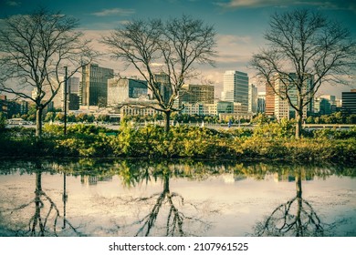 Charles River Esplanade in Boston with reflection of trees in the water