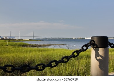 Charleston Harbor, Charleston SC, With View Of Bridge