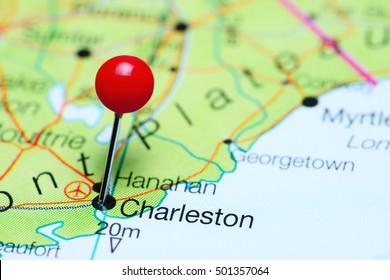 Charleston pinned on a map of South Carolina, USA
