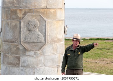 Charleston, SC - Feb 24 2021: A US National Park Ranger Giving A Tour On Fort Sumter