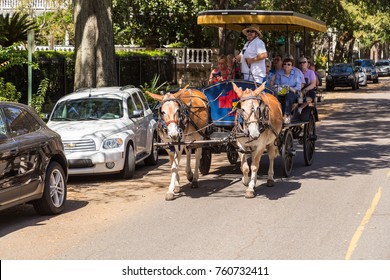 CHARLESTON, SC - OCT 03, 2017: Mules Pulling A Passenger-filled Carriage Through The Streets Of Historic Charleston South Carolina.