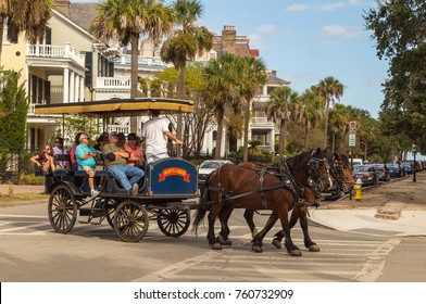 CHARLESTON, SC - OCT 03, 2017: Horse-drawn Carriage Touring The Streets Of Historic Charleston South Carolina.