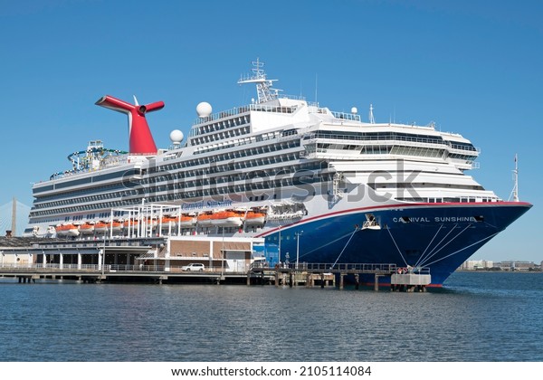 CHARLESTON, SC, USA - JANUARY 11, 2022:\
Sunshine, a 270-meter passenger ship capable of carrying 3,002\
passengers and owned by Carnival Corporation, moored at the Port of\
Charleston.
