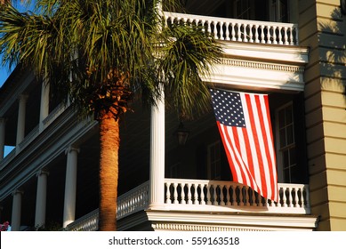 Charleston SC, USA June 23 A Historic Antebellum Home Flies The American Flag In Charleston, South Carolina