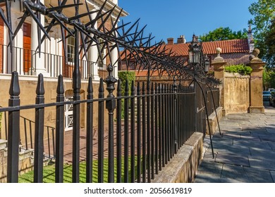 Charleston, SC, US-April 27, 2018: Close-up View Of Iconic Wrought Iron Fence In Historic District.