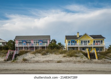 Charleston, SC, US-November 18, 2021:  Colorful Beach Houses In South Carolina.