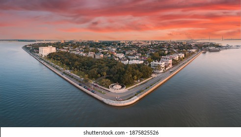 Charleston skyline with pink sky and clouds