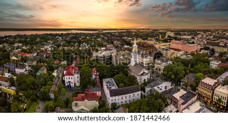 Charleston skyline with a yellow sunset
