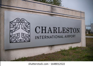 Charleston, South Carolina - February 4 2020: Charleston International Airport (CHS) Welcome Sign And Logo