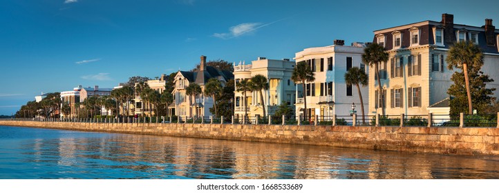 Charleston South Carolina panoramic row of old historic federal style houses on Battery Street  USA