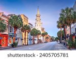 Charleston, South Carolina, USA cityscape in the historic district at twilight.