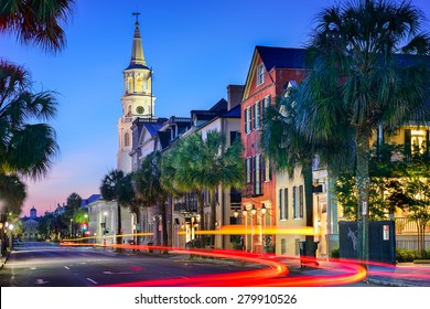 Charleston, South Carolina, USA cityscape in the historic French Quarter at twilight. - Shutterstock ID 279910526