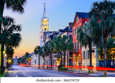 Charleston, South Carolina, USA cityscape in the historic French Quarter at twilight. - Shutterstock ID 366174719