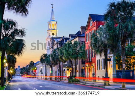Charleston, South Carolina, USA cityscape in the historic French Quarter at twilight.