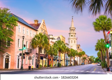 Charleston, South Carolina, USA in the French Quarter at twilight.