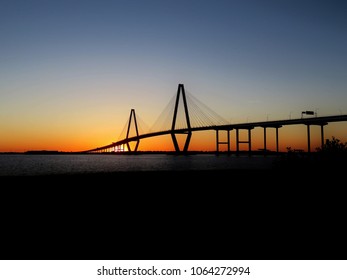 Charleston, South Carolina / USA -May 7, 2017:  The Arthur Ravenal  Bridge crossing over the  Copper River at sunset