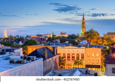 Charleston, South Carolina, USA town skyline at dusk.