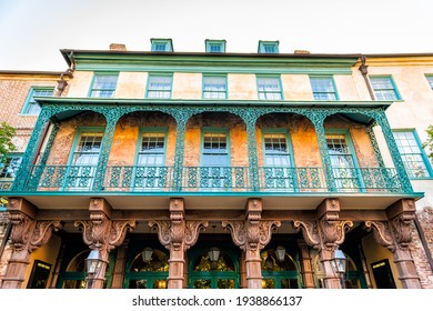 Charleston, USA - May 12, 2018: Dock street theater building facade with rows of stucco columns federal architecture in Charleston, South Carolina French quarter old town