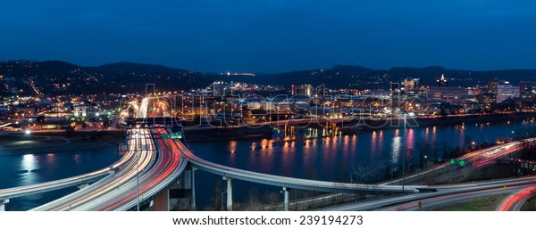 CHARLESTON, WEST VIRGINIA - DECEMBER 18:\
Traffic streaks across the Fort Hill Bridge in downtown Charleston\
on December 18, 2014 in Charleston, West\
Virginia