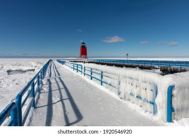 Charlevoix Lighthouse In Winter With Blue Skies