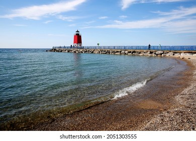 Charlevoix South Pier Light Station In Summer, Charlevoix, Michigan, USA