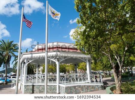 Charlotte Amalie town Emancipation park with wooden gazebo was built to commemorate the abolition of slavery (St. Thomas, U.S. Virgin Islands).