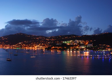 Charlotte Amalie town at night on St.Thomas island, U.S. Virgin Islands.
