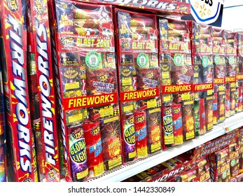 Charlotte, NC - July 3, 2019: Fireworks Collection Pack For Sale At  A Walmart Super-center Store, For Time To Celebrate Independence Day On July 4th. 