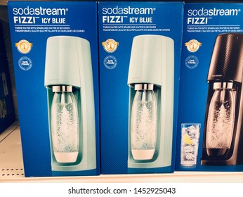 Charlotte, NC - July 5, 2019: Soda Stream Fizzi Icy Blue Soda Machine Maker. Turns Water Into Sparkling Water In Seconds. New Machines In Boxes.