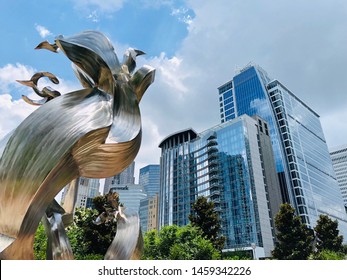 Charlotte, NC - July 8, 2019: Charlotte downtown skyline view from Romare Bearden park.