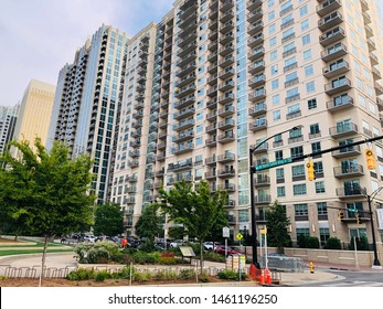 Charlotte, NC - July 9, 2019: W. Martin Luther King Jr. Dr. And Tall New Condo Buildings In Downtown Charlotte.