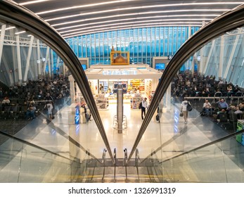 CHARLOTTE, NC - MARCH 1, 2019: Waiting area in Charlotte Douglas International Airport. CLT is the second largest hub for American Airlines with service to 161 domestic and 