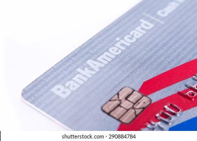 Charlotte, NC, United States - June 26, 2015: Bank Of America Cash Rewards Credit Card Close Up On White Background. Selective Focus With Shallow Depth Of Field