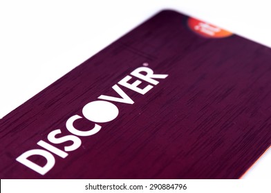 Charlotte, NC, United States - June 26, 2015: Discover Credit Card Close Up On White Background. Selective Focus With Shallow Depth Of Field