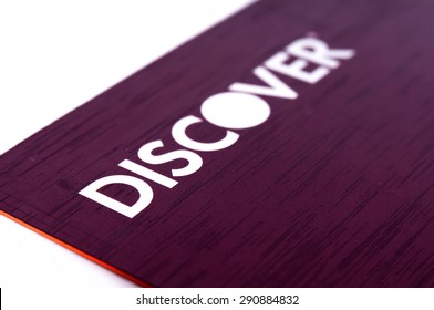 Charlotte, NC, United States - June 26, 2015: Discover Credit Card Close Up On White Background. Selective Focus With Shallow Depth Of Field