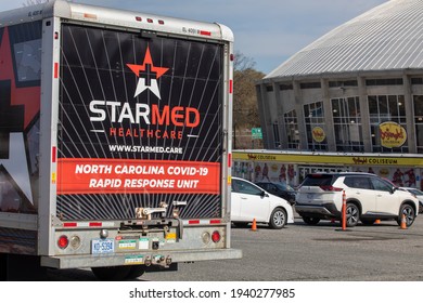 Charlotte, NC USA - March 20,  2021: Starmed Healthcare Covid-19 Truck Outside Bojangles Coliseum. Starmed Vaccinates Hundreds Of People Everyday.