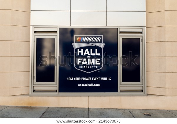 Charlotte, NC - USA - March 30,\
2022: NASCAR Hall of Fame Sign and Logo on the West Side of the\
Museum
