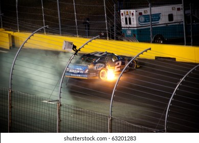 CHARLOTTE, NC, USA - OCTOBER 16: Sparks At The Crash Of No.2 Driver In The Bank Of America 500 Nascar Race On October 16, 2010 In Charlotte, NC, USA